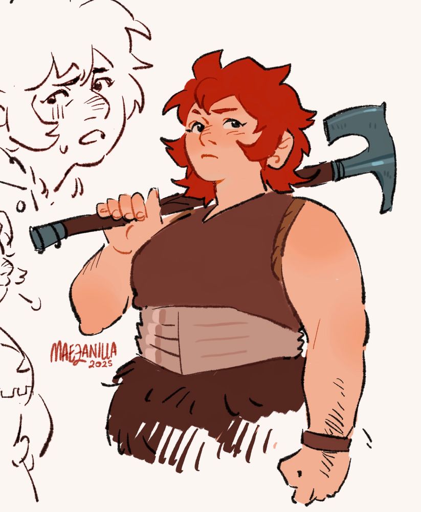 Namari drom Dungeon Meshi, holding an axe. There’s some sketches of her that are cut on the left side of the picture.