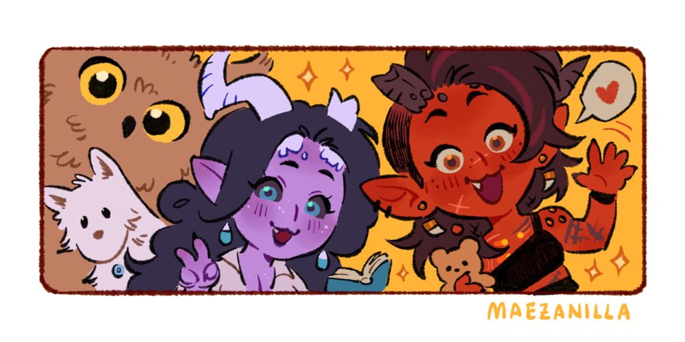 A chibi drawing of Karlach, my bg3 tav Nimue, Scratch and the owlbear cub! They are waving at the camera eagerly, smiling big. 