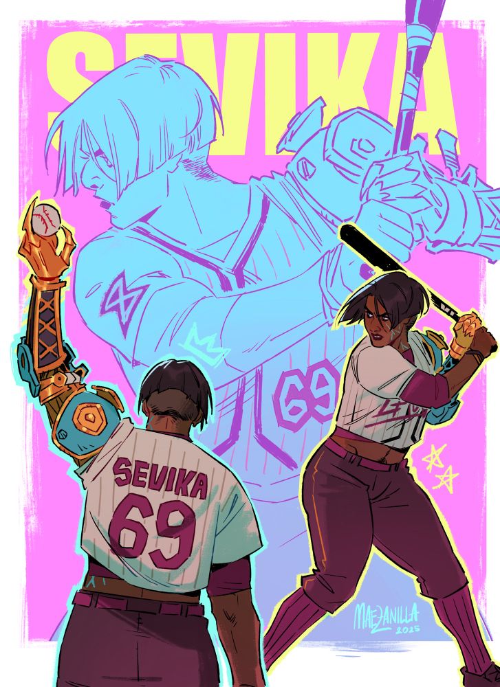 An illustration of Sevika, from Arcane, in baseball gear. She’s about to bat in two poses, while in another she’s holding a baseball ball over her head. The colors are pastel yet vibrant.