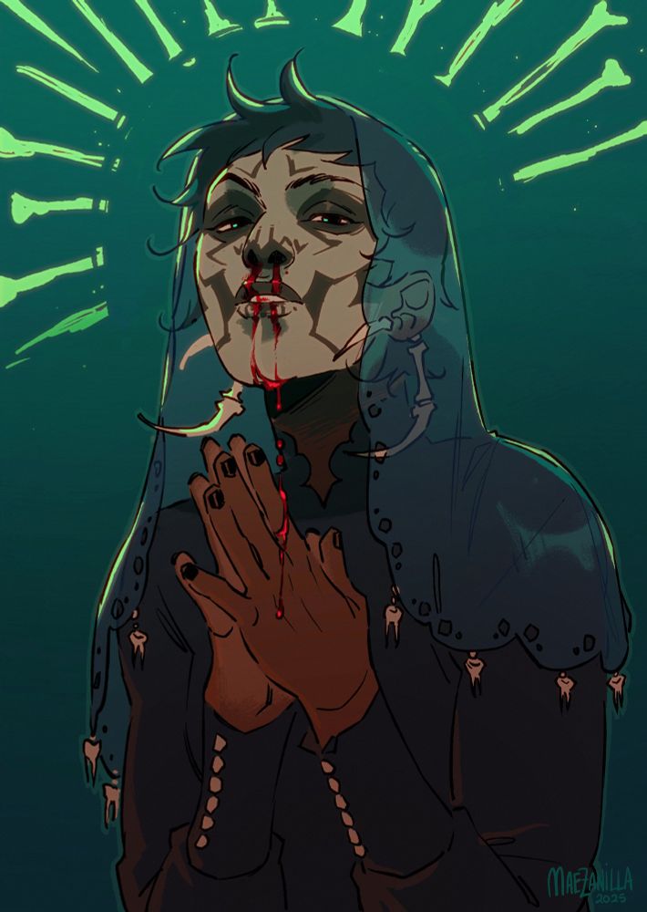 Harrowhark Nonagesimus, from The Locked Tomb series, in a praying pose. Her nose is bleeding over her joined hands, as she looks at the camera. There’s a halo of shiny bones around her head. 