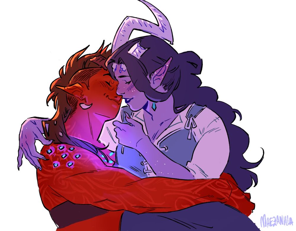 Karlach from bg3 with my Tav nimue in her lap. They are about to kiss, yet Karlach is already burning blue. She looks giddy, and Nimue is delighting in it. 