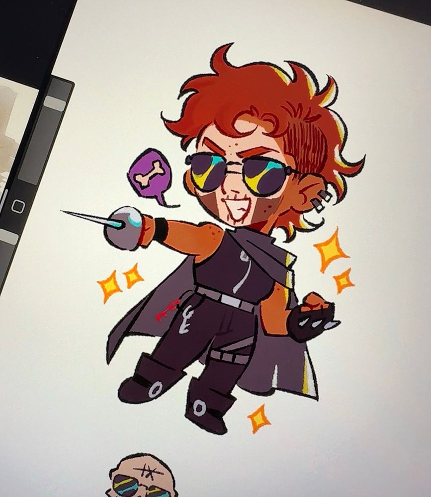 Gideon from The Locked Tomb in chibi form. She’s got her rapier in one hand, her gauntlet in the other, and is smiling big while in a cool pose. 
