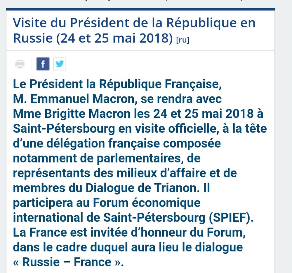 Article du site de l'amabasse de France en russie sur la visite du président Macron à Saint- Petersbourg les 24-25 mai 2018.