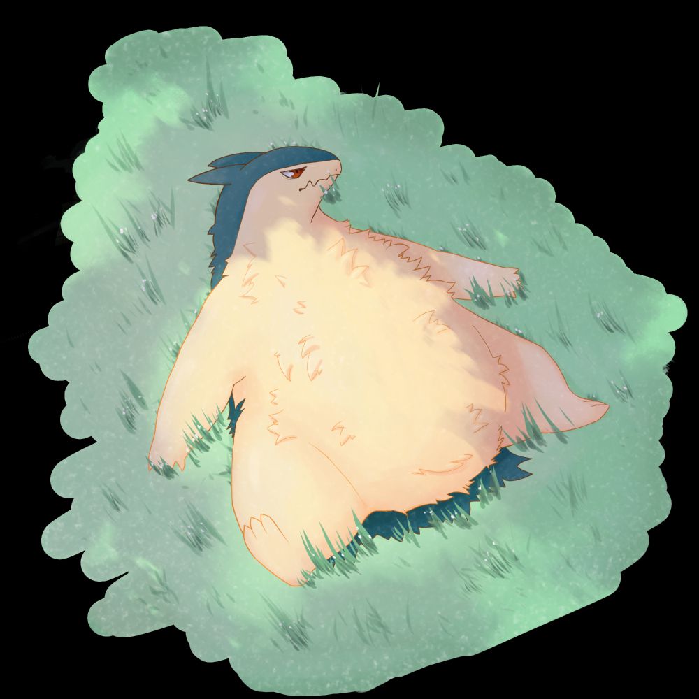 Typhlosion lying on a bed of grass with small white wildflowers