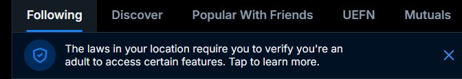 Image of Bluesky saying "the laws in your location require you to verify you're an adult to access certain features".