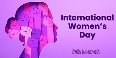 International Women’s Day poster. Purple with a woman and raised fists. 