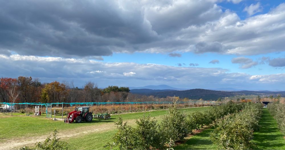 Elevated view of an apple orchard, with mountains in the distance and a blue sky with various clouds. A red farm tractor stands on the left side.