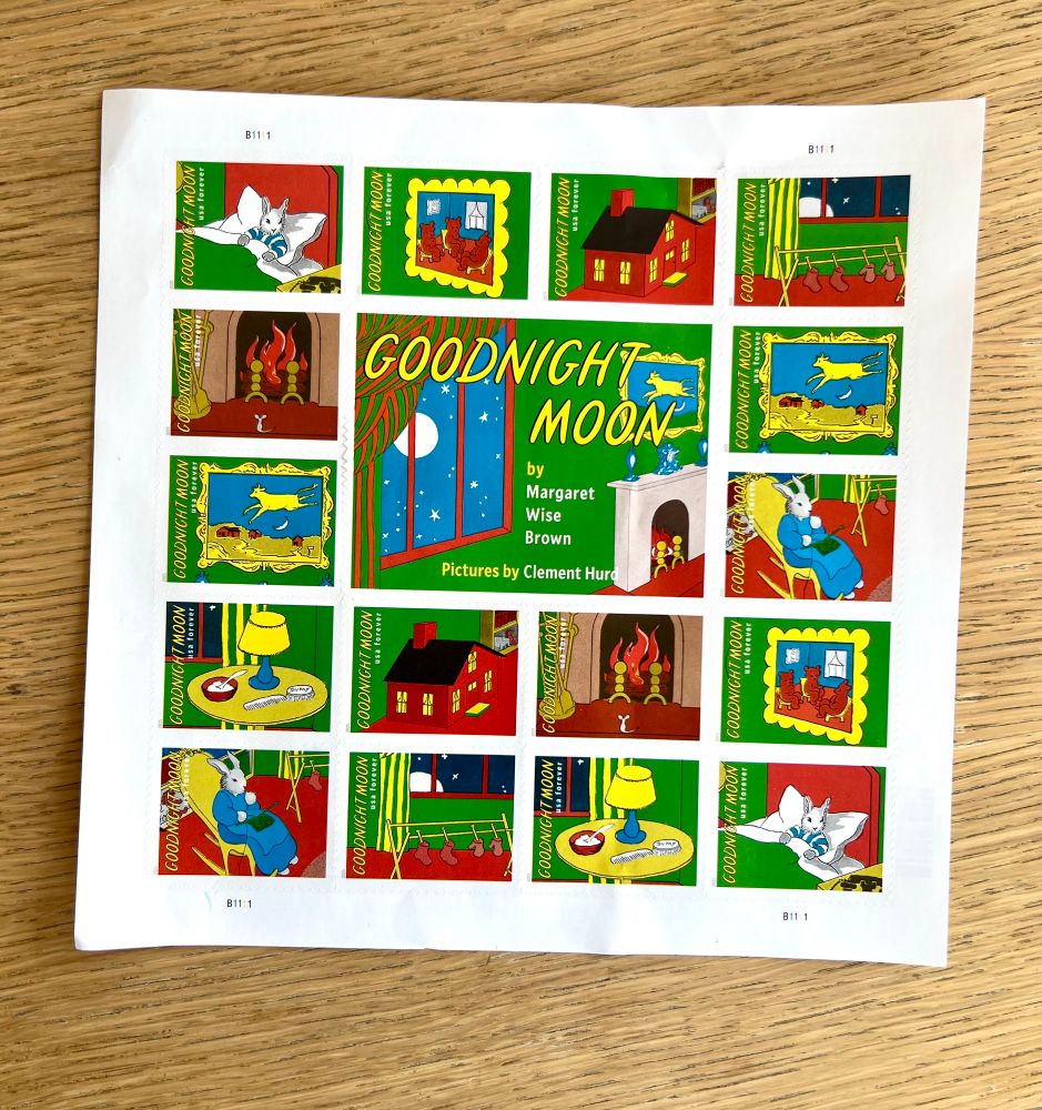 Photo of the USPS commemorative Good Night Moon forever stamps.