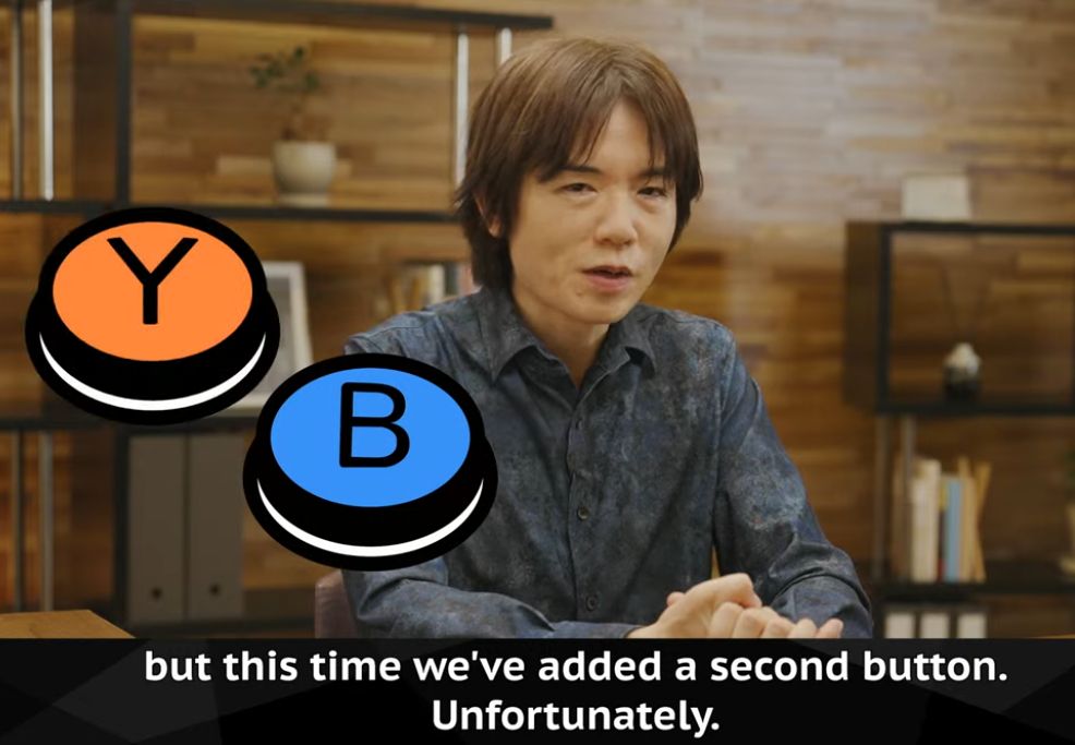 Image of Masahiro Sakurai from the Kirby Air Riders Direct, saying "but this time we've added a second button. Unfortunately."