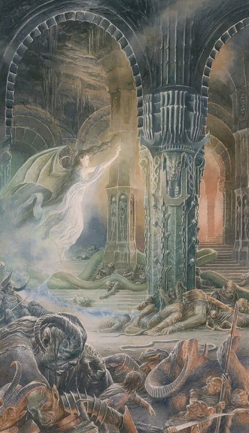 Uma arte retratando Lúthien, usando roupas brancas e com duas grandes asas de morcego, flutuando nos salões de Morgoth, com vários Orques e criaturas de chifre caídas ao chão em sono profundo.