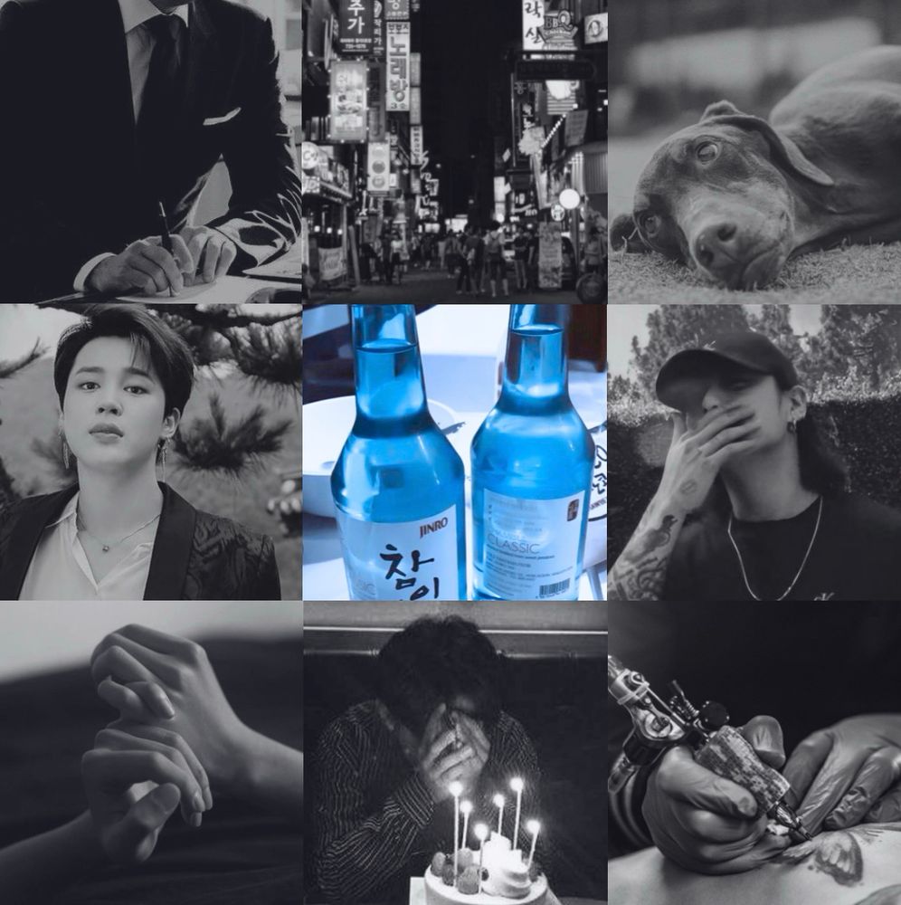 Black and white jikook moodboard with a blue photo of soju in the center 