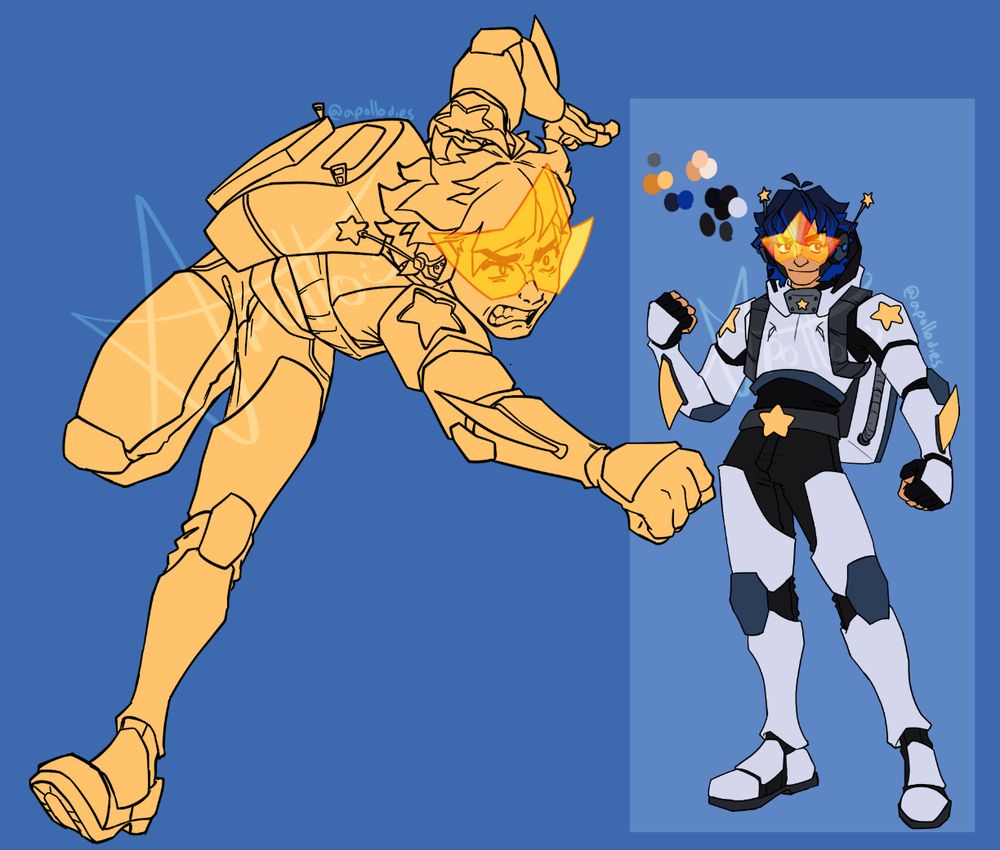 This is a drawing of a very dramatic action pose I've been working on. Rhys, the character I drew, is running forward with one arm extended forward, and his other arm swung backwards, as if he's about to throw something. He looks determined, almost angry. He's wearing some sort of armor that vaguely resembles an astronaut suit, with star shaped decals on the shoulders and a visor thats shaped like a star, with the bottom two points cut off. He's got a headset on, almost resembling headphones, that have antennae protruding off the top of them, with another star shaped charm on the end.