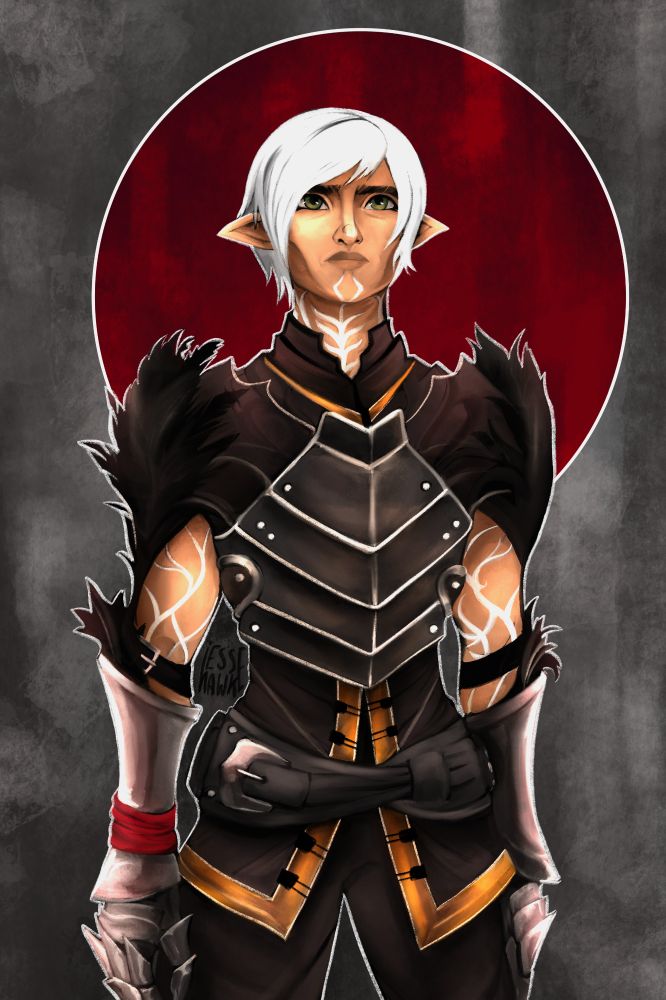 Digital art of Fenris from Dragon Age 2. He stands solidly in front of a dark, murky sky and red moon. His pose is steadfast, but his facial expression seems to betray uncertainty. 