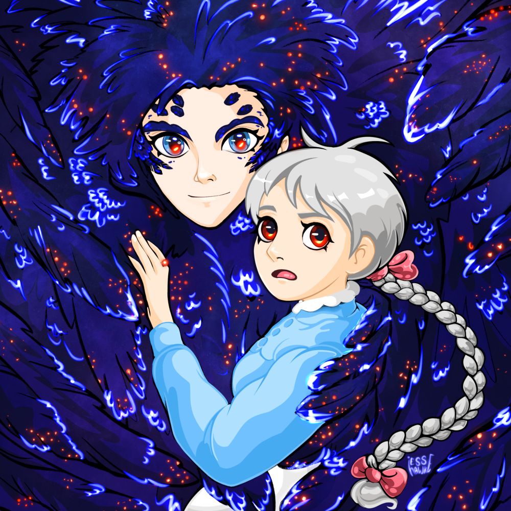 Digital art of Howl, partially in monster form, embracing Sophie.