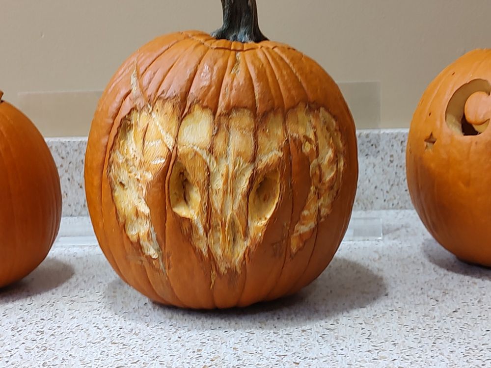 pumpkin carved to look like a ram but it looks more like a demonic SKULL