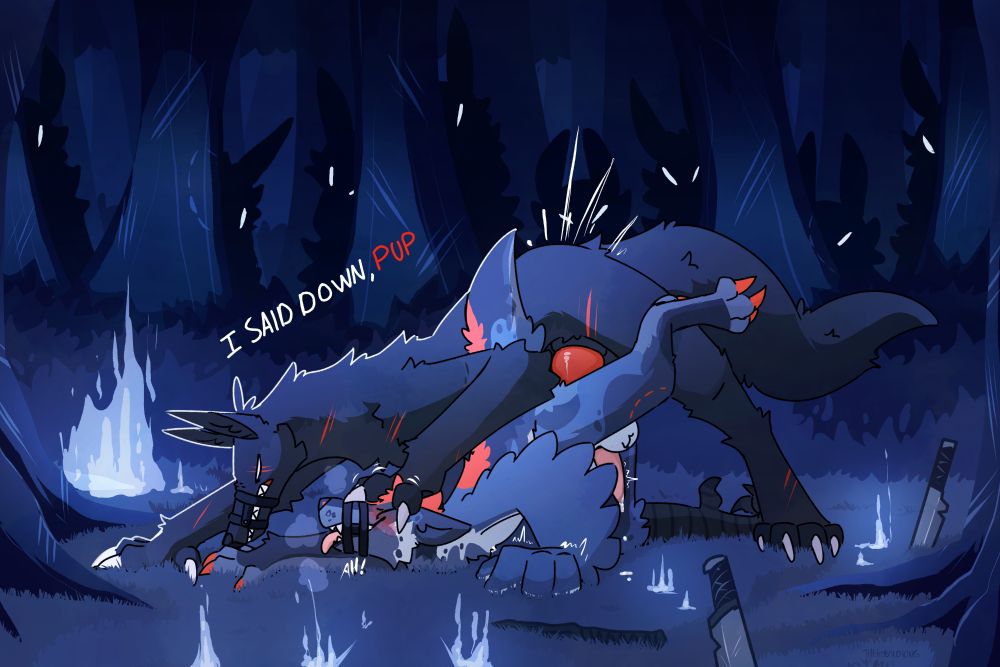an anthro canine-looking guy railing an anthro bird who's in the process of getting TFed into a wolf, in a spooky forest, with a bunch of sillouhettes watching