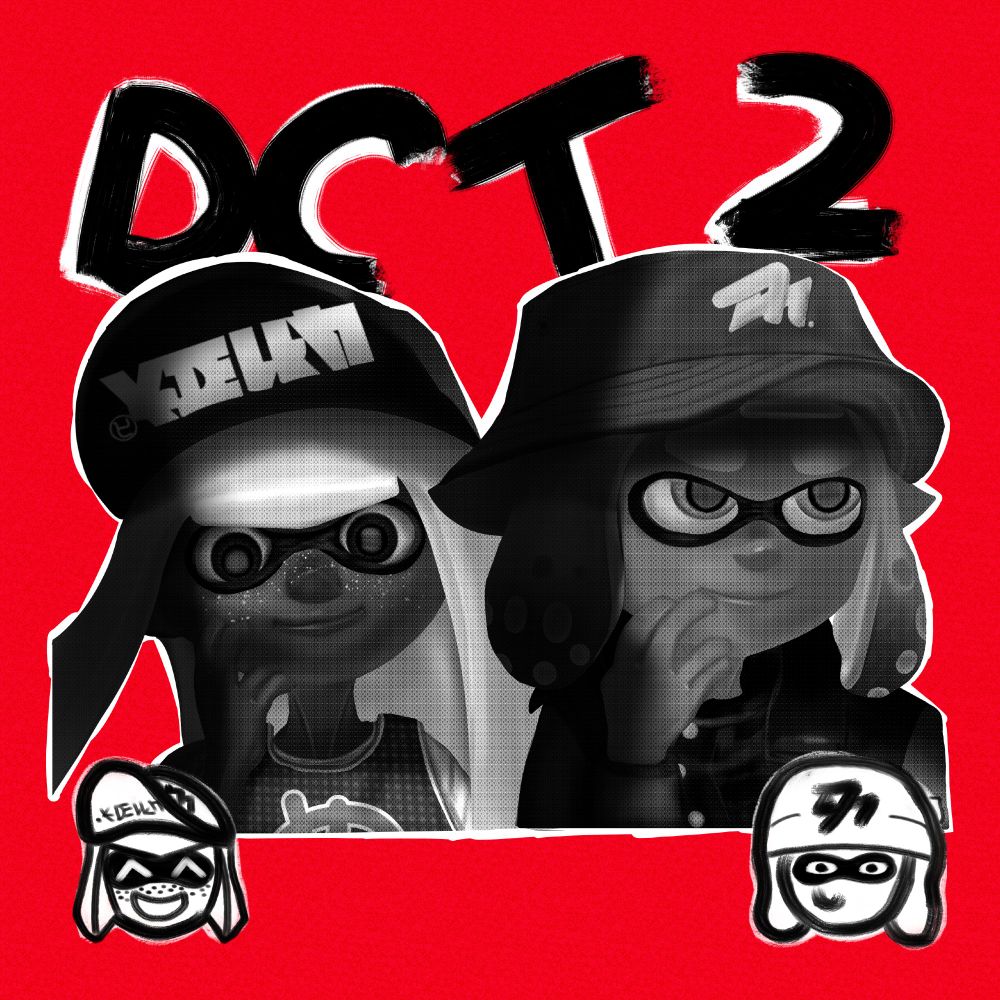 Nubuke (left) and sssssick (right)'s Splatoon avatars both posing in the same style as the art cover of Fox Stevenson's song "That Choice", track number 7th from his somophore album "Sunk Cost Fallacy"