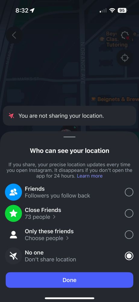 Screenshot of Instagram’s new “who can see your location” feature. 