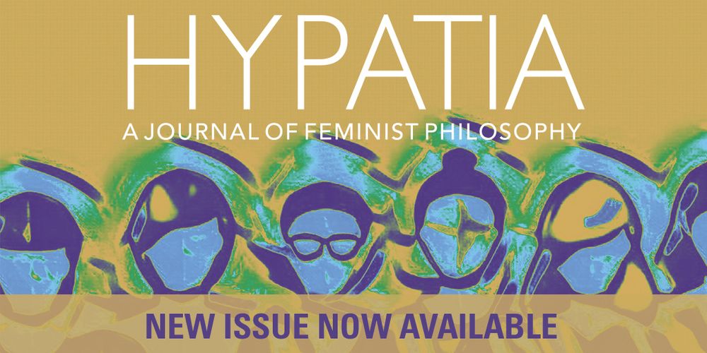 A sign to say the new issue of Hypatia has been published, with a design based on the journal's cover featuring a variety of different-looking (but all blue) women.