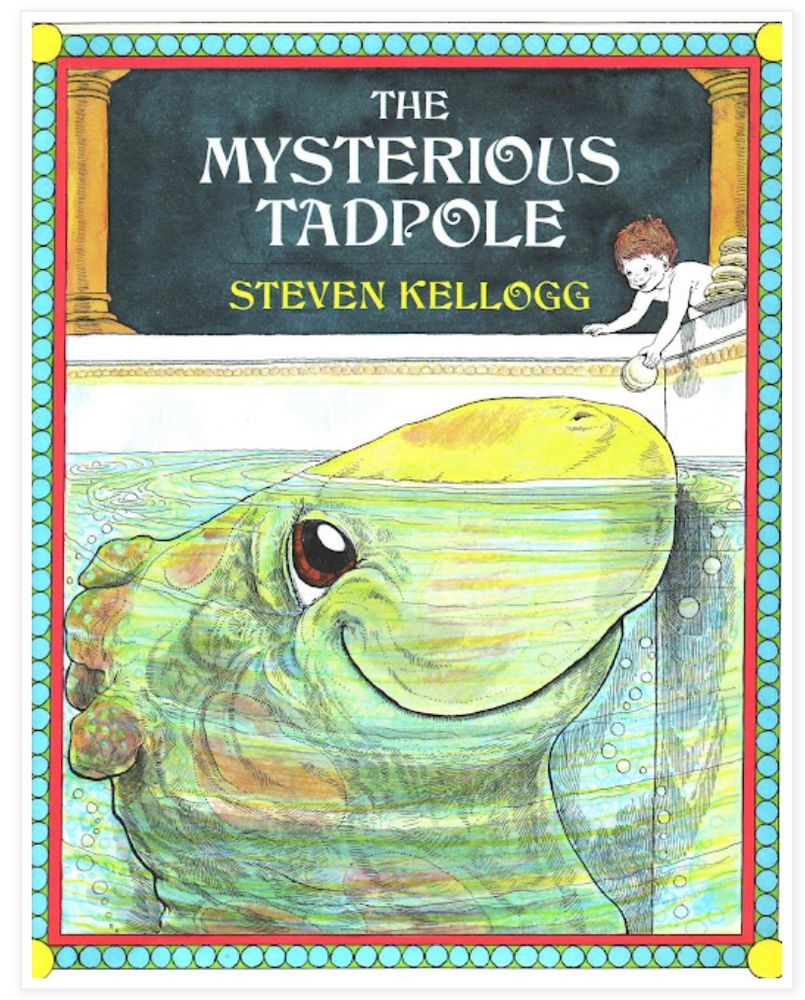 The Mysterious Tadpole by Steven Kellogg cover. An illustration of a giant creature in a public pool. You can see a giant dinosaur-like head emerging from the water. A smile child is stretching out his arm to feed the creature a hamburger. 