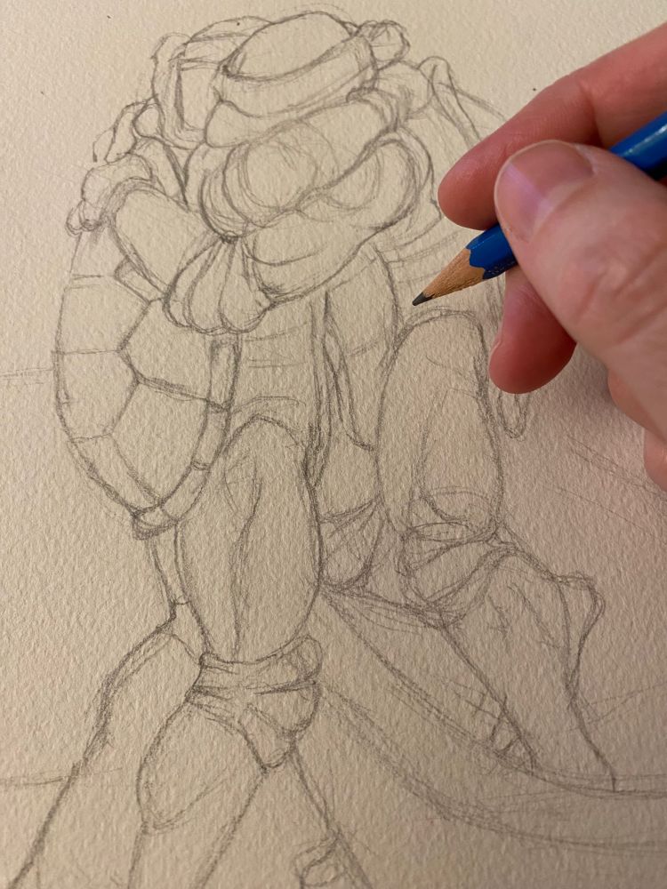 Pencil sketch of the scene from the 1990 TMNT film where Raph wakes up in the bathtub at the farmhouse after being unconscious for who knows how long and Leo apologies for arguing with him previously and they embrace