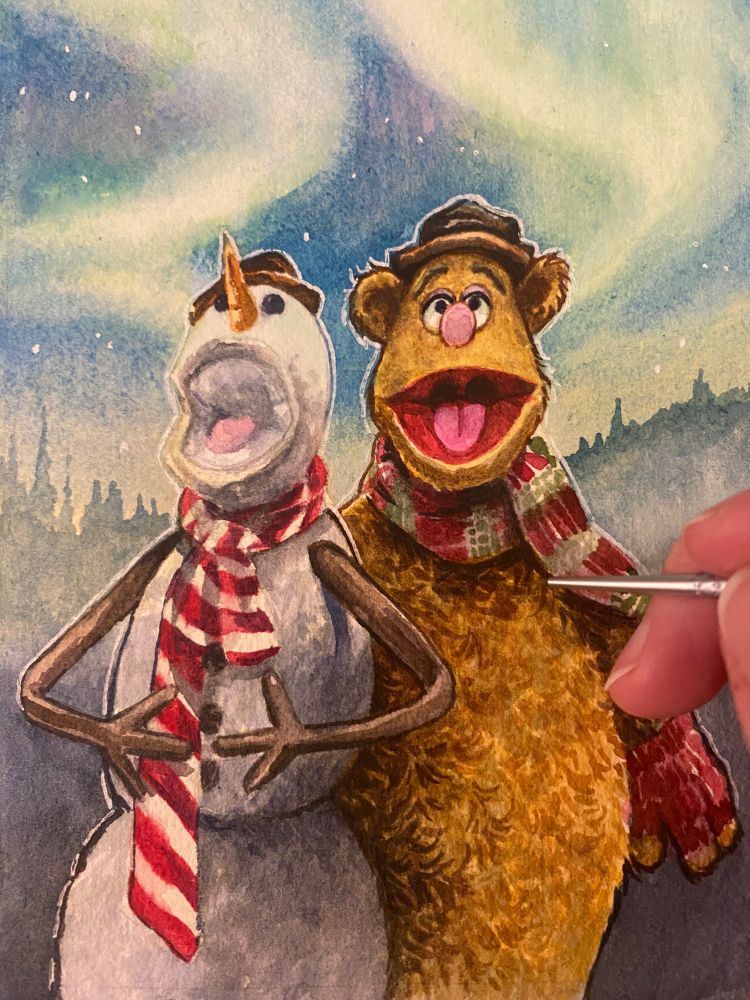 A watercolour of a muppet snowman and Fozzie Bear, looking up, open-mouthed at the Northern Lights 