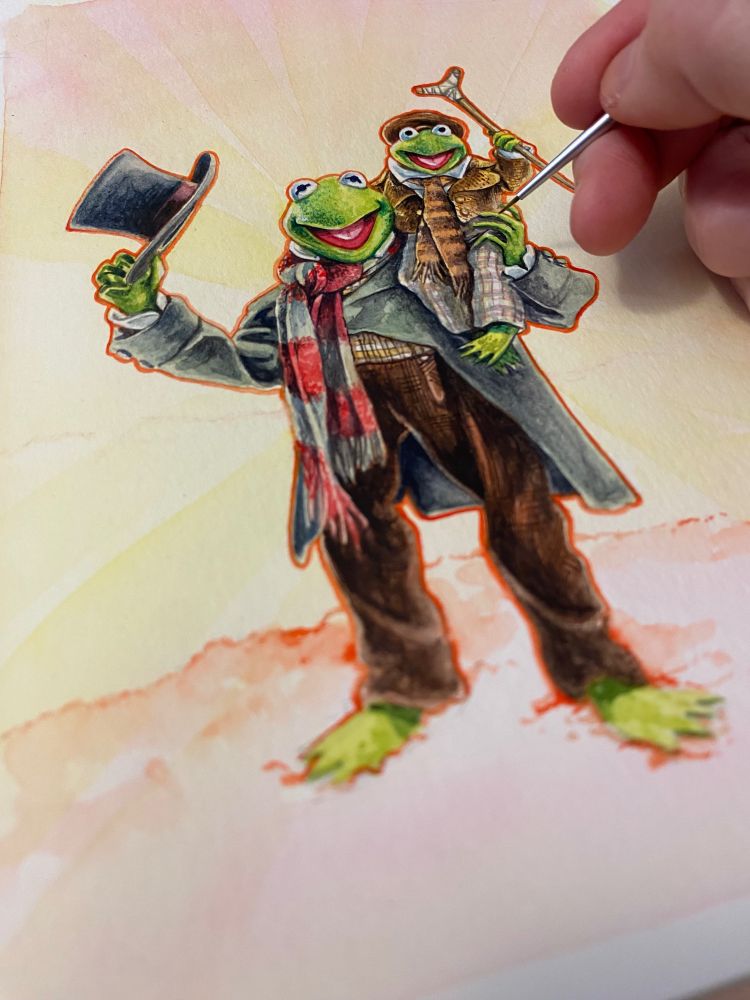 Very detailed watercolour illustration of Kermit as Bob Cratchit with Robin as Tiny Tim on his shoulder