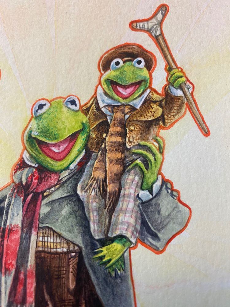A close-up of a watercolour illustration of Kermit as Bob Cratchit and Robin as Tiny Tim from a Muppet Christmas Carol.