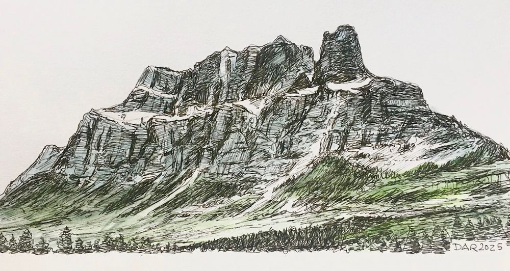 Drawing of Castle Mountain as seen from the TransCanada Highway, in Banff National Park. A broad, rocky mountain with sweeping lines down to the tree covered base in the valley. 