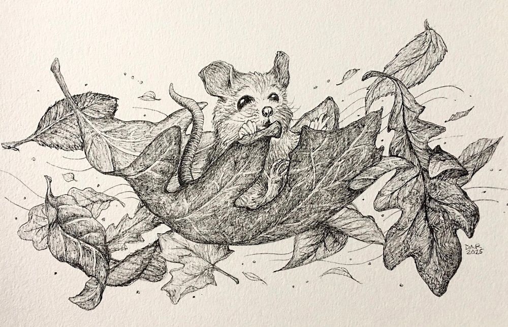 Drawing of a little mouse, riding on a leaf being blown by a whirlwind, surrounded by flying leaves. Drawn with Micron pen. 