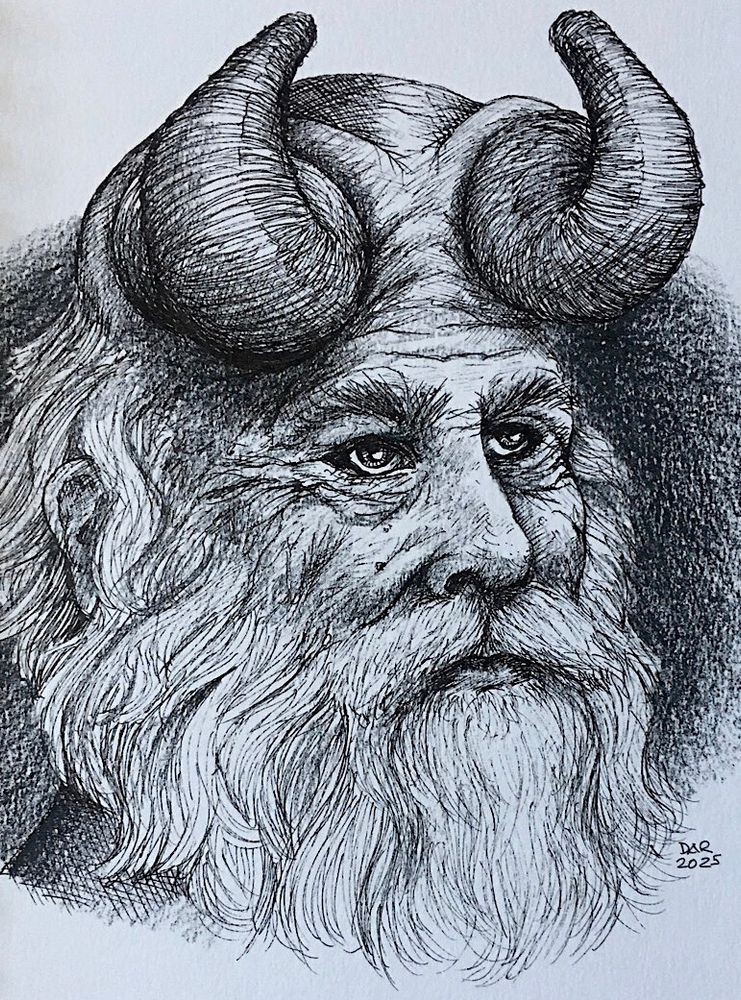 The satyr Pan, drawn as an old, bearded man with goat horns.