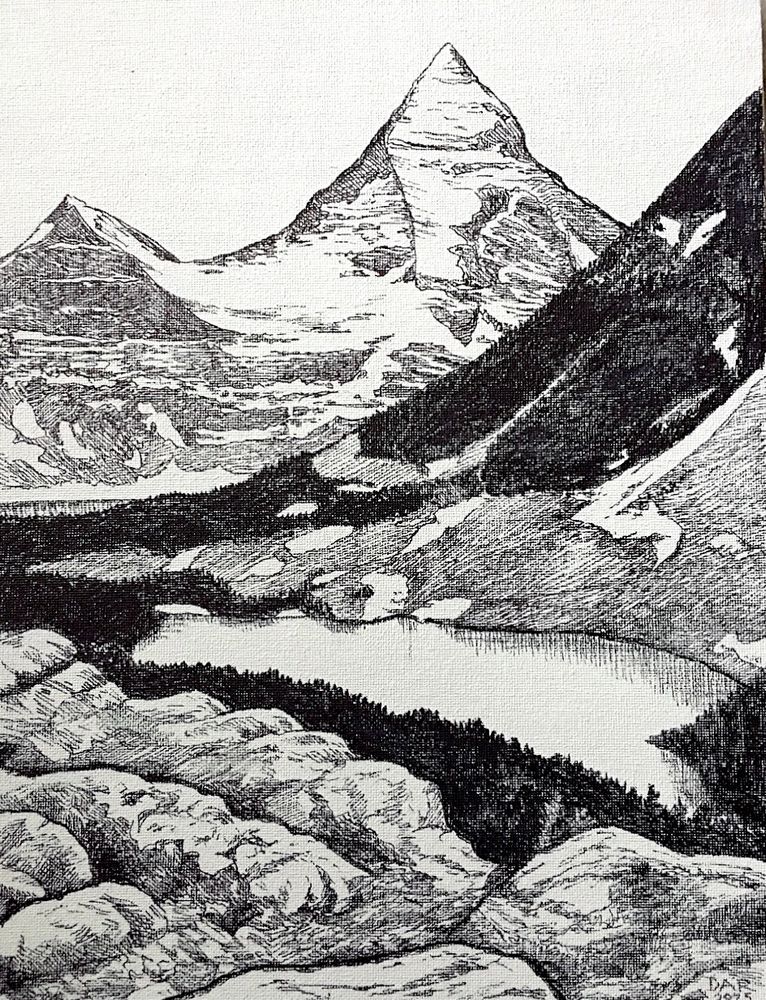 Black Ink drawing of Mount Assiniboine, with a forested slope, lake and rocky outcrop in the foreground.