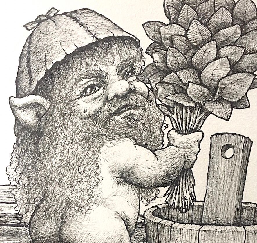Ink drawing of a troll surprised in the sauna. He is naked and hairy, only wearing a sauna hat. He hods a “vihta” (a bunch of leafy birch twigs) in his hand. A wooden bucket sits next to him. (Tonttu)