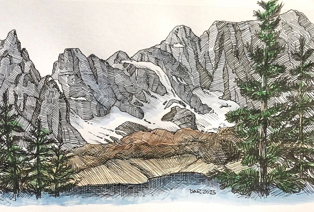 Drawing of mountains, rocky with snowy patches at their bases, with trees and water in the foreground. Coloured with light watercolour washes.