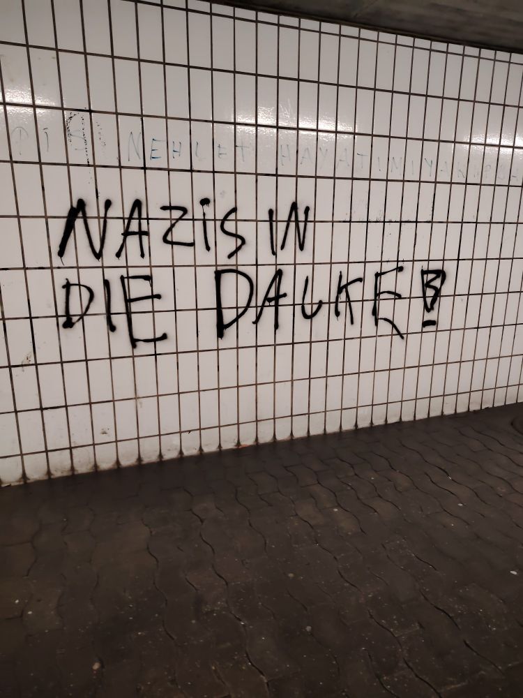 In einer Unterführung steht mit schwarz an der Wand gesprüht
"Nazis in die Dalke!" 