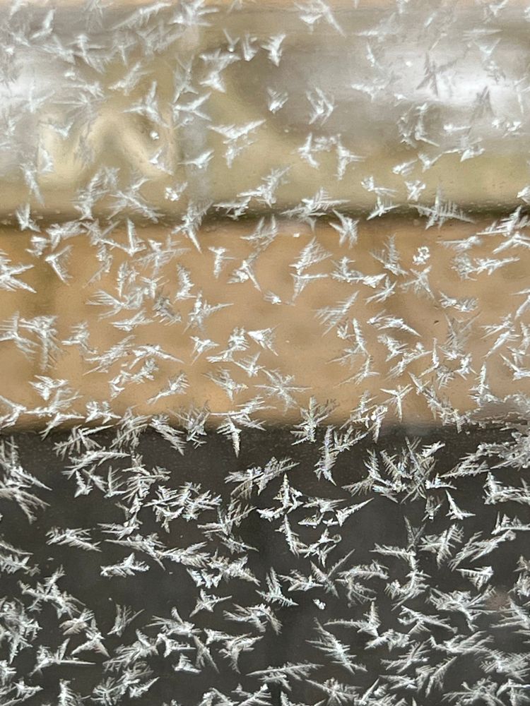 Flecks of ice on the window of the shelter on the train station resemble a flock of insects in flight. 