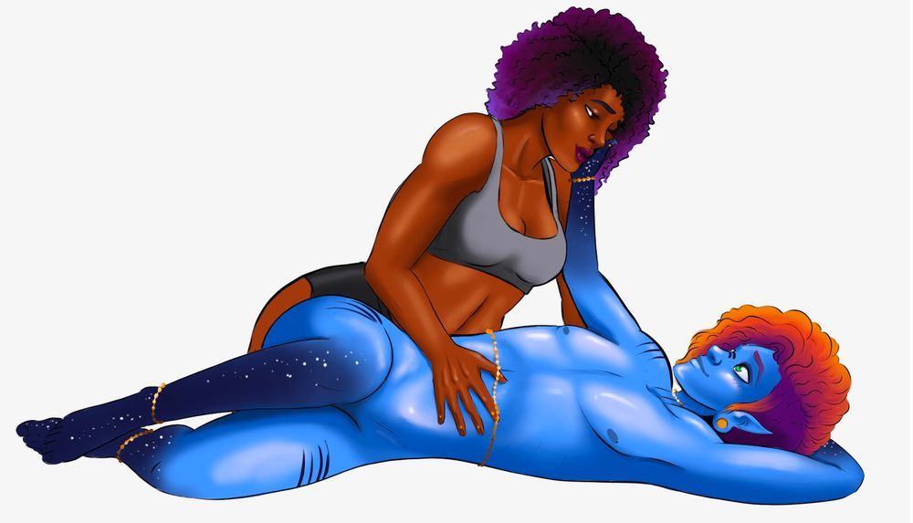 Rae (purple hair, dark brown skin) sitting and Kax (blue skin, orange and purple hair) reclining