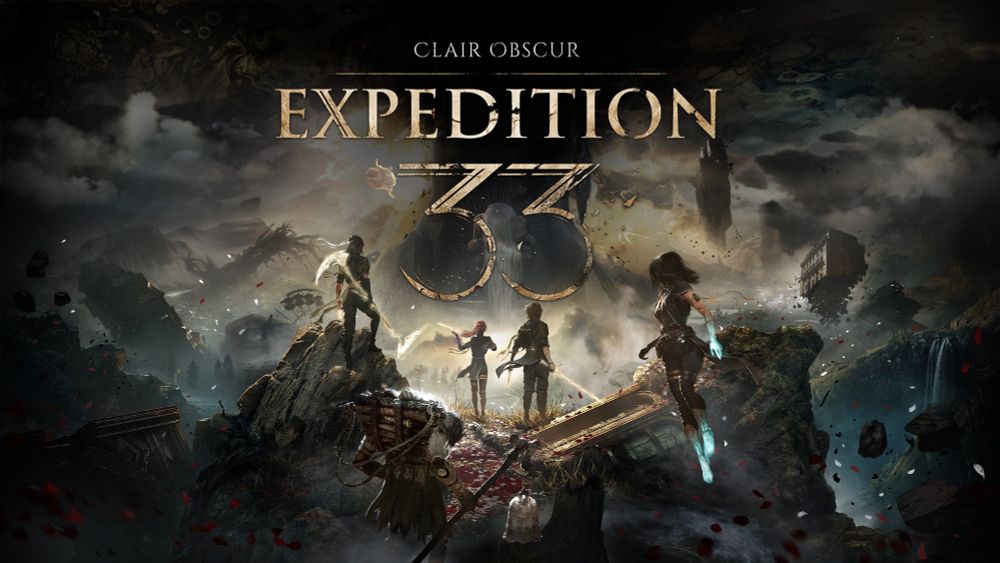 Cover art for the game Clair Obscur Expedition 33. It features the 5 main party members facing off into the distance while standing on broken cliffs and buildings. 
