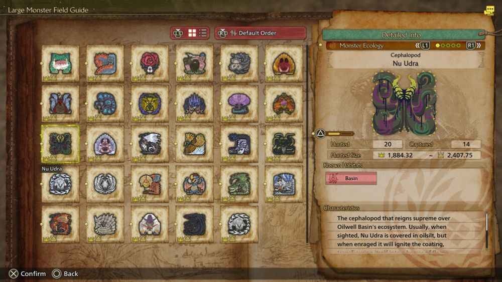 Screenshot of the Large Monster Feild Guide tab from the game menu of Monster Hunter Wilds. The screenshot shows tabs of the available monsters in small icon form and the respective crowns the player earned for hunting the monsters. Here the page info is shown for the monster Nu Urda an octopus monster. The screenshot shows that every available crown has been obtained for every possible monster.