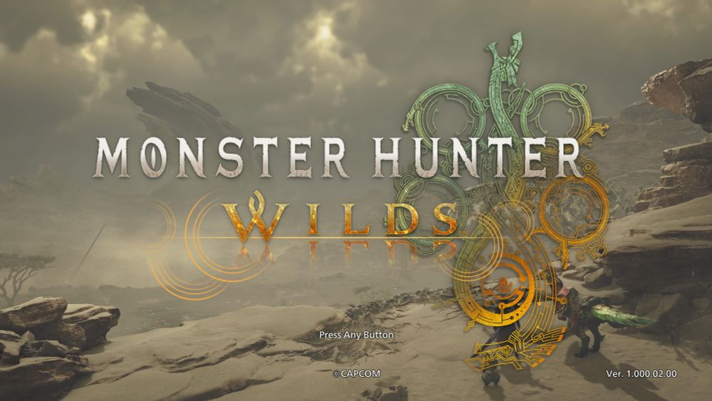Monster Hinter Wilds title screen. Desert and rocky backdrop with my character, calico, and sekret looking off into the distance.