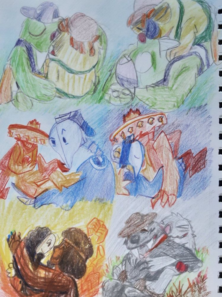 Happy sketch page of Bugsnax Chandlo holding a blushing Snorpy and kissing in the grass, then Snorpy straddling and kissing a surprised Chandlo. Great God Grove Miss Mitternacht holds King, who holds her chin and exchanges goofy looks, then King holds Mitternaucht cuddling to her chest. Thespius holds a lovingly gazing Click Clack, who holds his chin, as they touch noses. Eggabell holds Lizbert from behind in the grass, both grinning. End ID