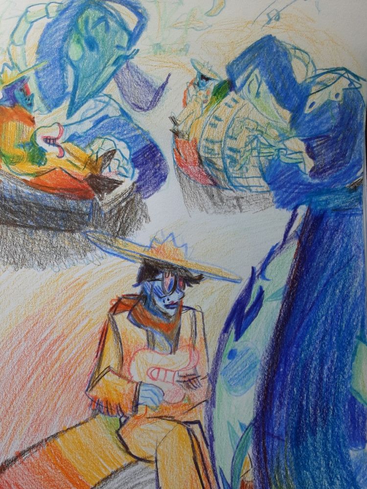 Sketches of Miss Mitternacht greatgodgrove playing a rainbow organ, Megapon and King on top. She raises a brow, then looks down playing, then closes her eyes. King sits up and watches with mouth open. End ID