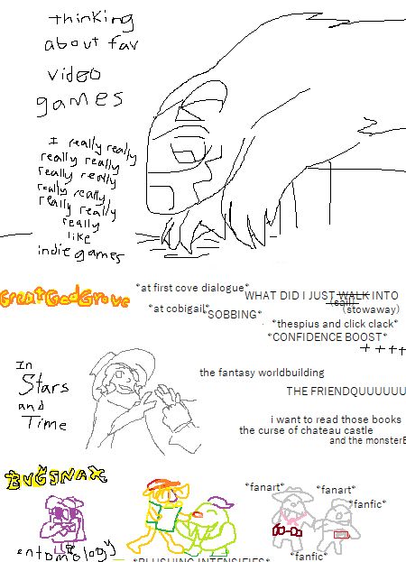 mspaint lines of dook plays with surface of water with text underneath: Thinking about fav video games: I really (x11) like indie games. Great god grove. at first cove dialogue: What did I just walk-sail-stowaway into at cobigail: sobbing. thespius and click clack: confidence boost ++++ In stars and time (art of siffrin playing rock paper scissors with friends) The fantasy worldbuilding. The friendquuuu- I want to read those books the curse of chateau castle and the monsterB- Bugsnax. entomology letters around floofty. snorpy and chandlo blushing intensifies. lizbert and eggabell with the words fanart and fanfic around them.