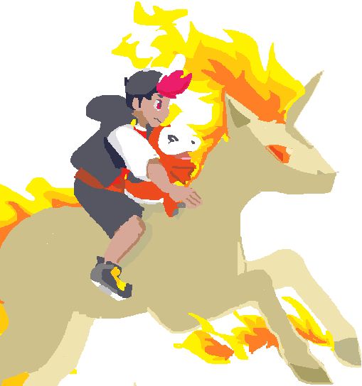pokemon horizons fanart, Roy and fuecoco ride rapidash jumping, drawn in mspaint