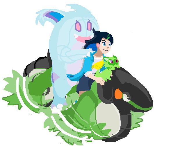 pokemon horizons fanart nidothing rides behind liko and sprigatito on cyclizar mspaint art