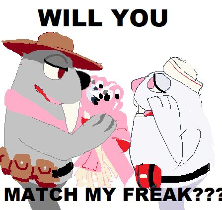 mspaint doodle of Lizbert making eyes and giving Eggabell a dozen lovely sweetieflies with top text "will you" and bottom text "match my freak?" Eggabell looks like she's saying 'aww' paws over smile. End ID