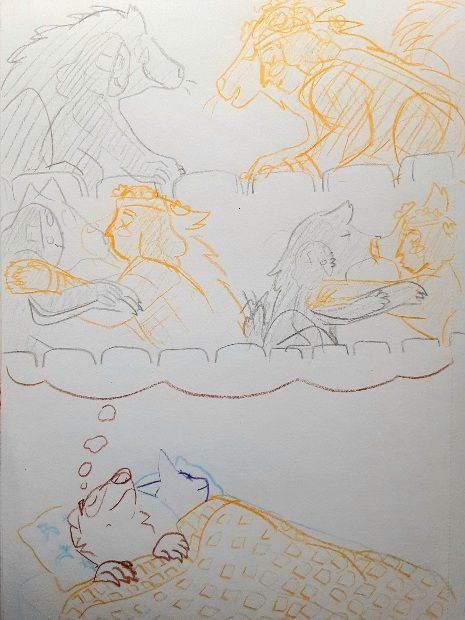 Doodle in sketchbook of me (as my ferret fursona) dreaming next to my partner (as their jinjo fursona), about Click Clack and Thespius in translucent wolf quadsuit forms kissing in theatre seats. They approach, then sit up and put their paws on shoulders, then kiss snouts. End ID