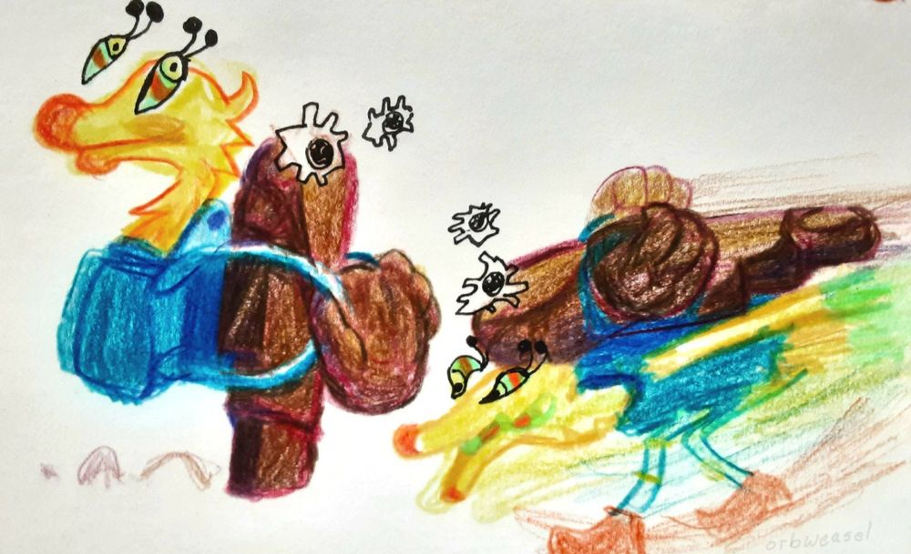 Two sketches, one of huzzle mug in a blue backpack on bauhauzzo's back. Two huzzle mug runs in a blur carrying Bauhauzzo who holds on the backpack. End ID