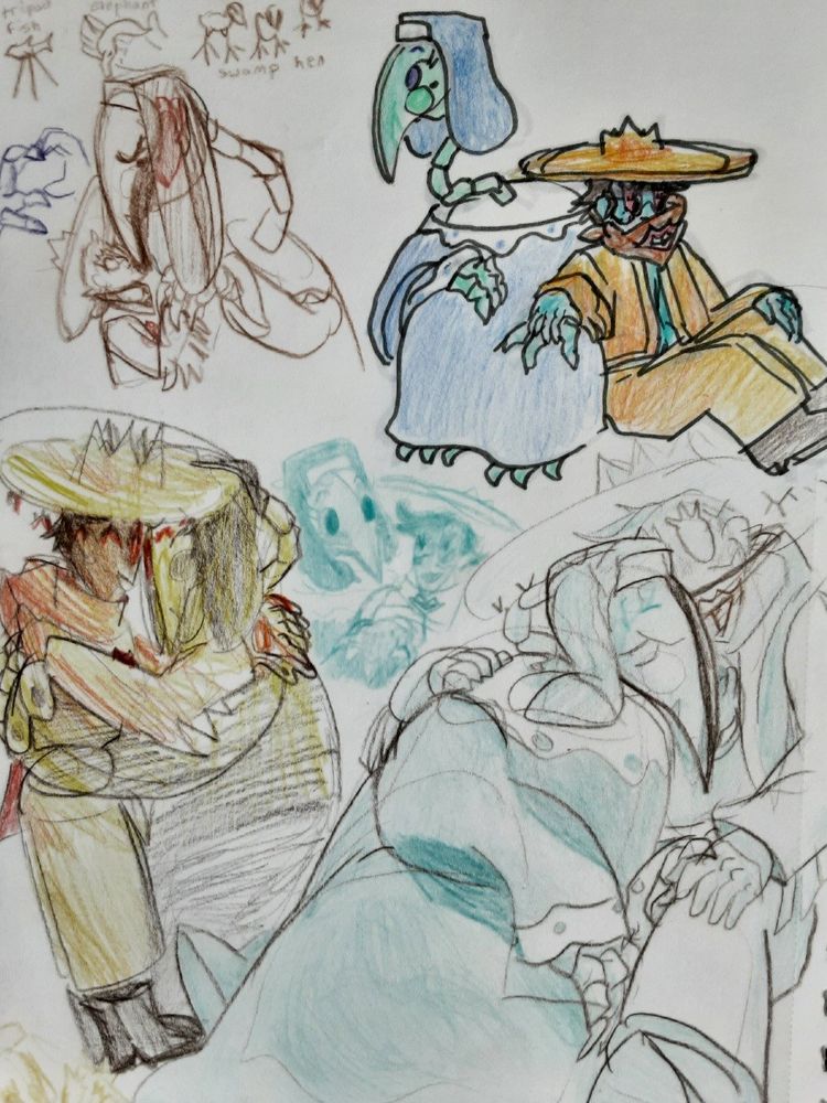 Sketch page of Miss Mitternacht and King from Great God Grove. A kiss on the beak, sitting together, King holding Mitternacht's hand, a hug, and cuddles in the moonlight.