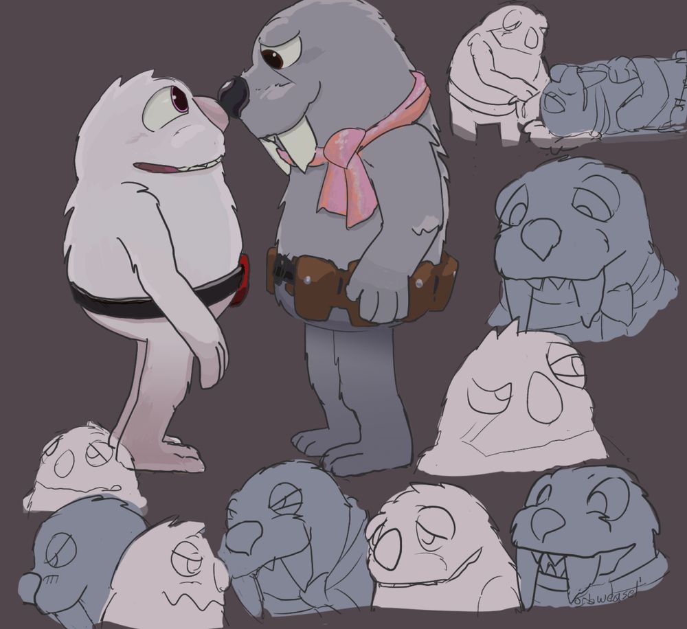 Digital sketch page with shaded doodle of Lizbert and Eggabell gazing and smizing bumping noses, around the sides are expressions of them in flat colour: tired (lids down), skeptical (one eyebrow up), determined (lids down with smiles), partway smiles, Liz with wide eyes and a big grin, and one where Bell opens her belt first aid kit while Liz lays down. End ID